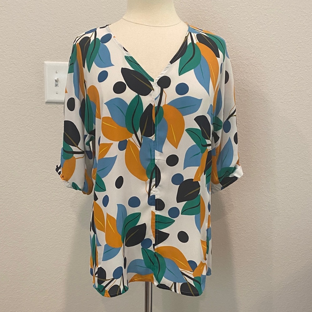 Ann Taylor White V-Neck Blouse with Mustard, Teal and Black Leaf Print Large